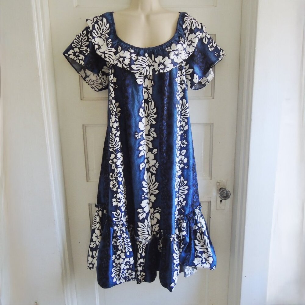 Vintage Royal Hawaiian Creations Blue Ruffled Luna Muumuu Dress L